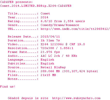 Nfo de la release Comet.2014.LIMITED.BDRip.X264-CADAVER
