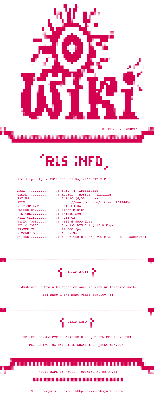 Nfo de la release REC.4.Apocalypse.2014.720p.BluRay.x264.DTS-WiKi