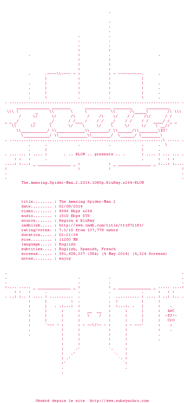Nfo de la release The.Amazing.Spider-Man.2.2014.1080p.BluRay.x264-BLOW
