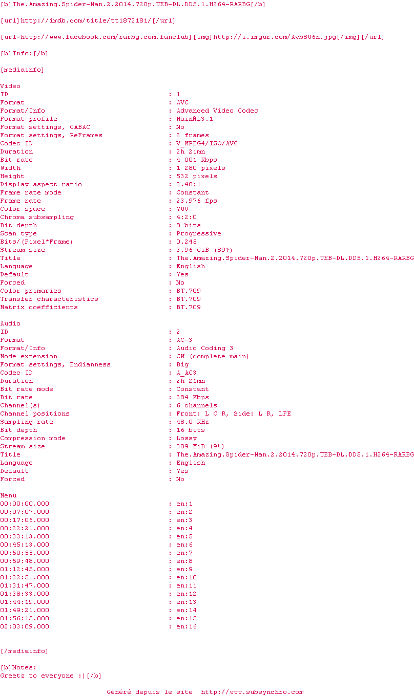 Nfo de la release The.Amazing.Spider-Man.2.2014.720p.WEB-DL.DD5.1.H264-RARBG