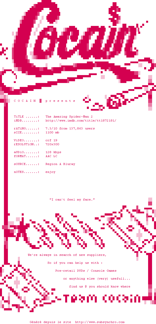 Nfo de la release The.Amazing.Spider-Man.2.2014.BDRip.x264-COCAIN