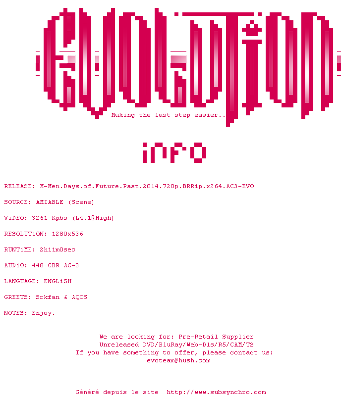 Nfo de la release X-Men.Days.of.Future.Past.2014.720p.BRRip.x264.AC3-EVO