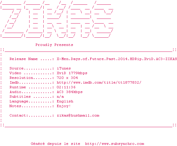 Nfo de la release X-Men.Days.of.Future.Past.2014.HDRip.XviD.AC3-ZIKAS