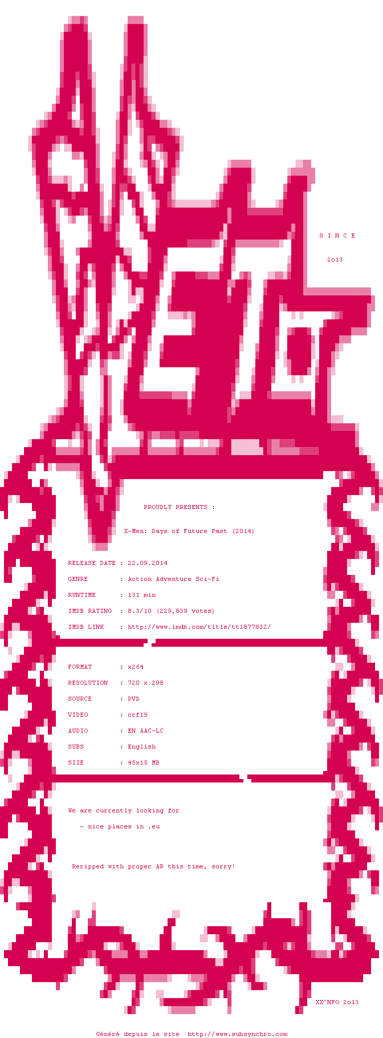 Nfo de la release X-Men.Days.Of.Future.Past.2014.RERiP.DVDRip.x264-VETO