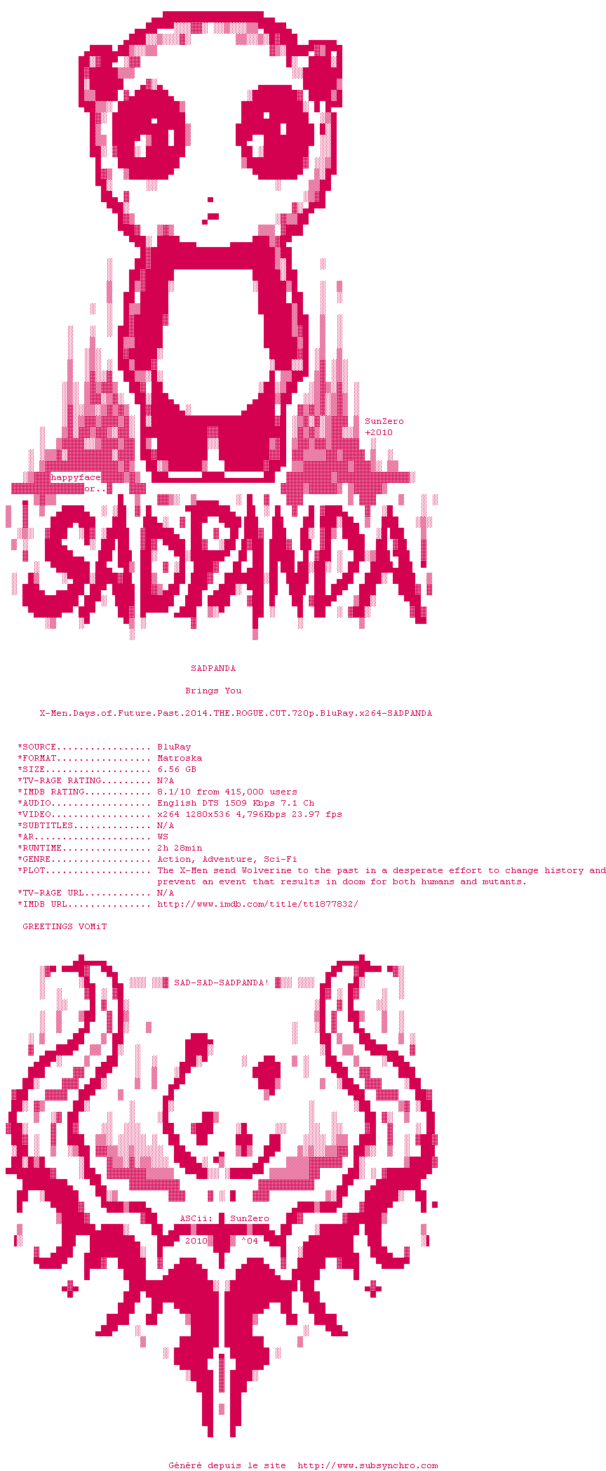 Nfo de la release X-Men.Days.of.Future.Past.2014.THE.ROGUE.CUT.720p.BluRay.x264-SADPANDA