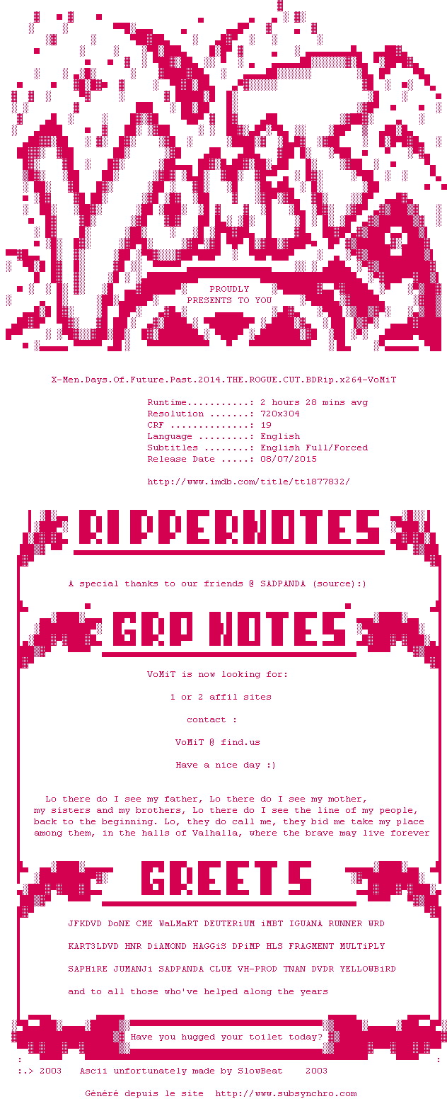 Nfo de la release X-Men.Days.Of.Future.Past.2014.THE.ROGUE.CUT.BDRip.x264-VoMiT