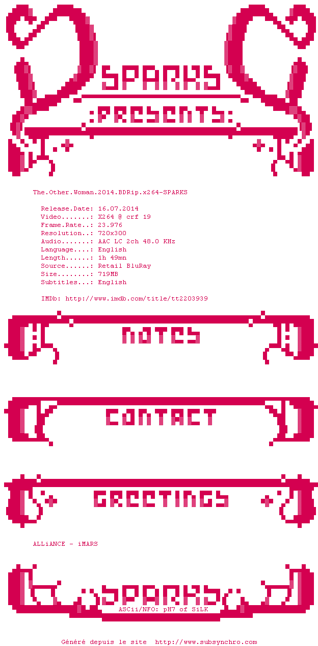 Nfo de la release The.Other.Woman.2014.BDRip.x264-SPARKS