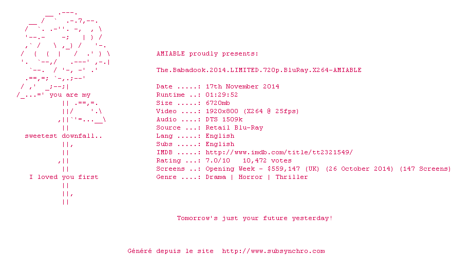 Nfo de la release The.Babadook.2014.LIMITED.1080p.BluRay.X264-AMIABLE