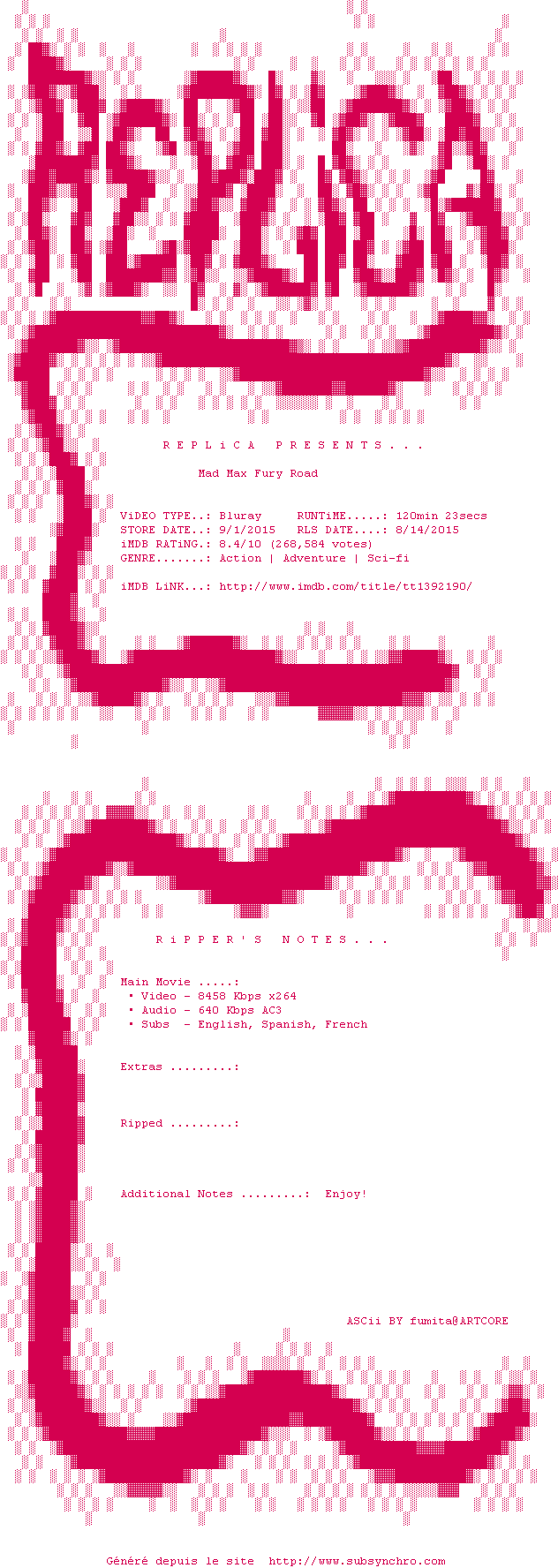 Nfo de la release Mad.Max.Fury.Road.2015.1080p.BluRay.x264-Replica