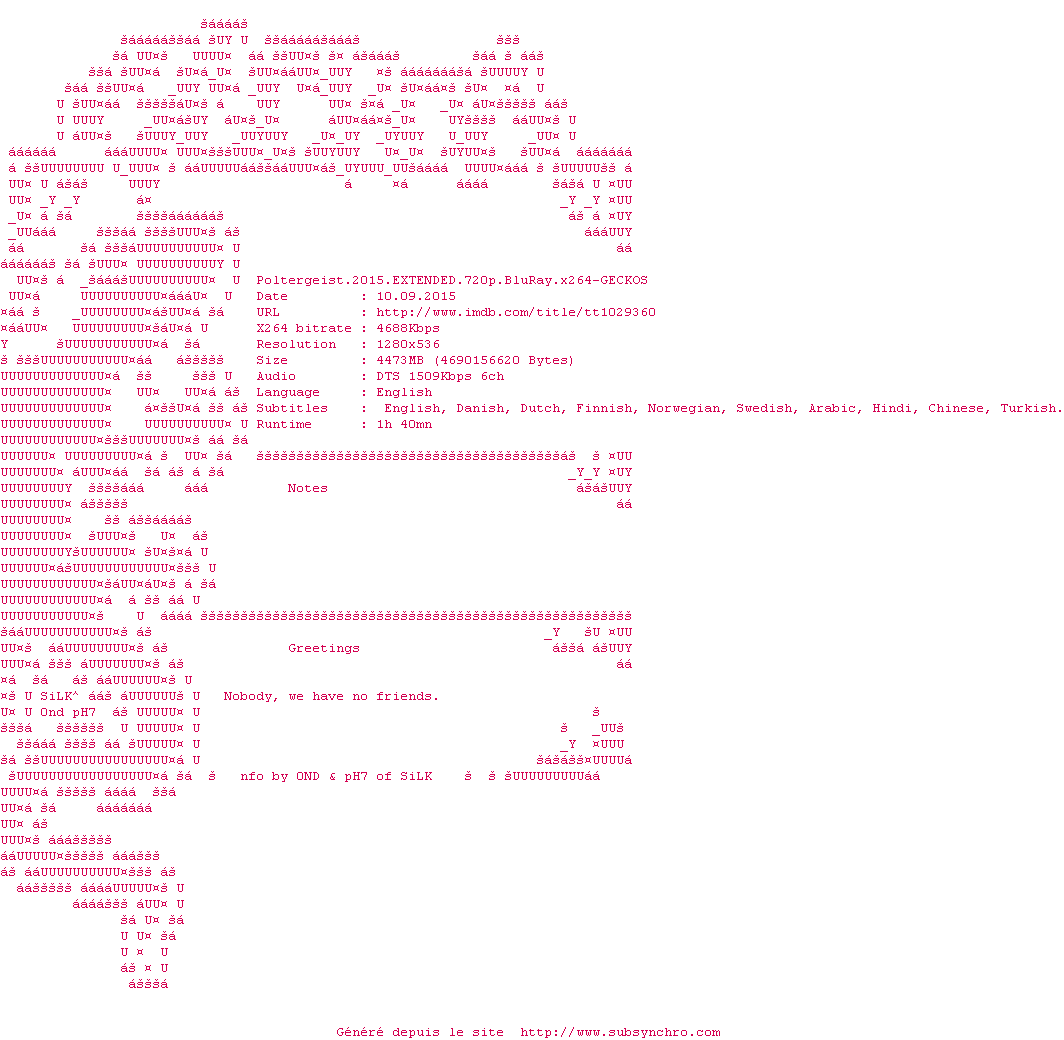 Nfo de la release Poltergeist.2015.EXTENDED.720p.BluRay.x264-GECKOS