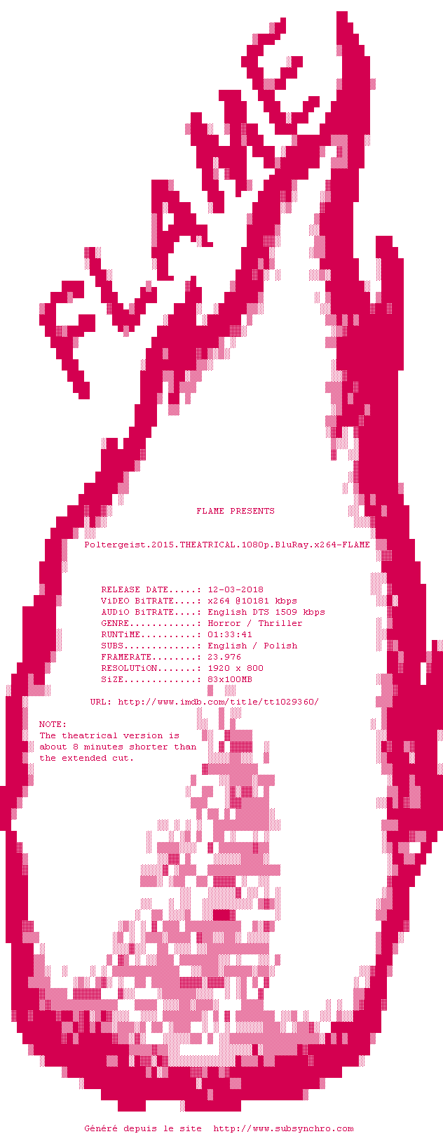 Nfo de la release Poltergeist.2015.THEATRICAL.1080p.BluRay.x264-FLAME