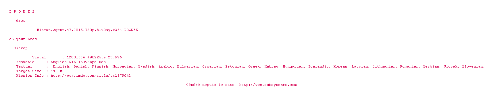 Nfo de la release Hitman.Agent.47.2015.720p.BluRay.x264-DRONES