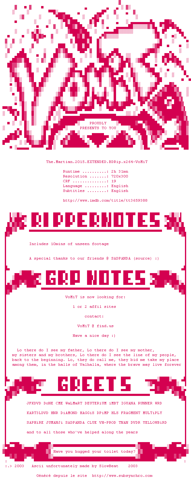 Nfo de la release The.Martian.2015.EXTENDED.BDRip.x264-VoMiT