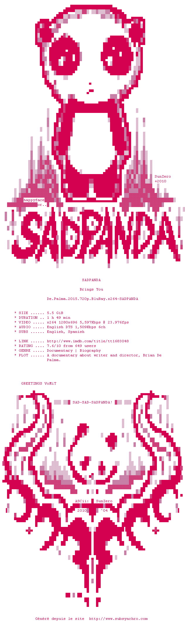 Nfo de la release De.Palma.2015.720p.BluRay.x264-SADPANDA