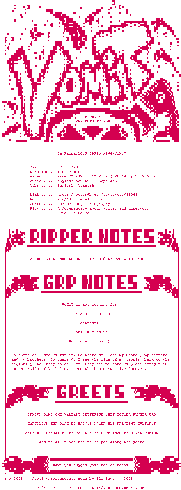 Nfo de la release De.Palma.2015.BDRip.x264-VoMiT