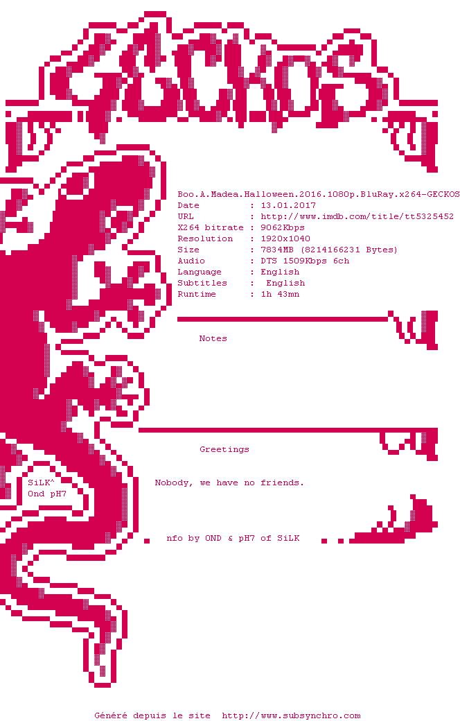 Nfo de la release Boo.A.Madea.Halloween.2016.1080p.BluRay.x264-GECKOS