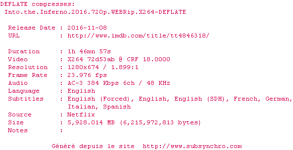 Nfo de la release Into.The.Inferno.2016.720p.WEBRip.x264-DEFLATE