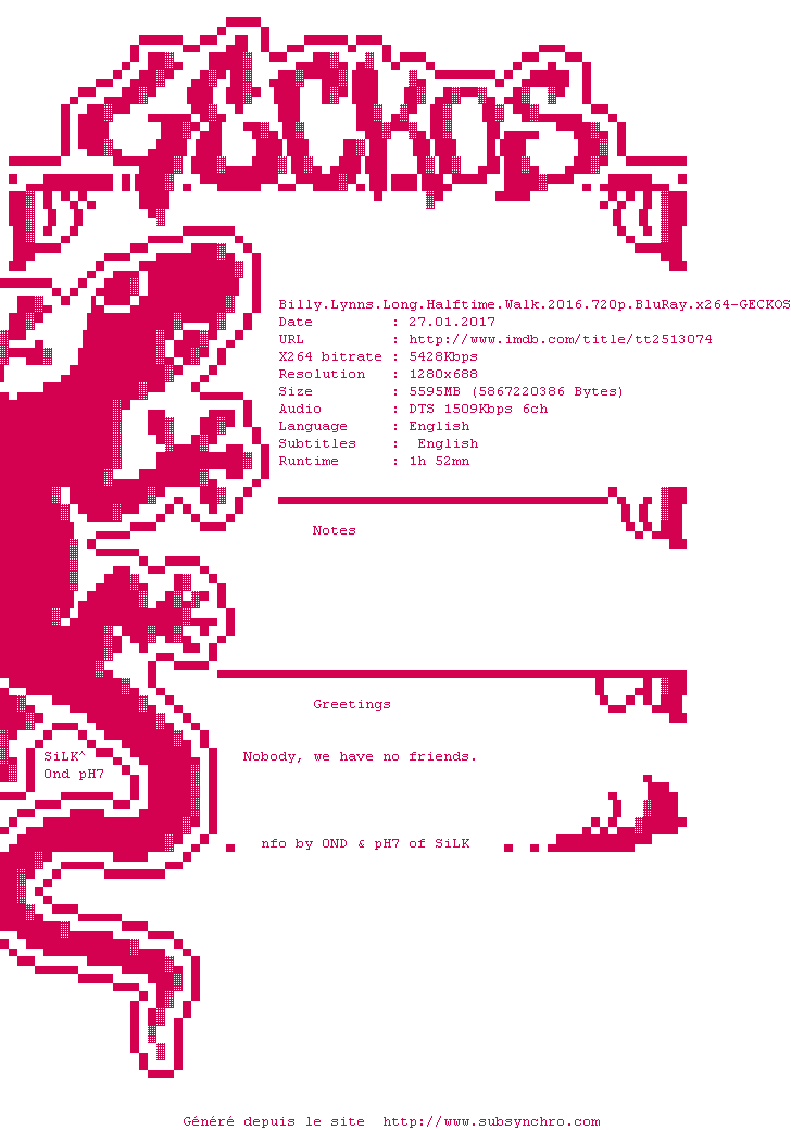 Nfo de la release Billy.Lynns.Long.Halftime.Walk.2016.720p.BluRay.x264-GECKOS