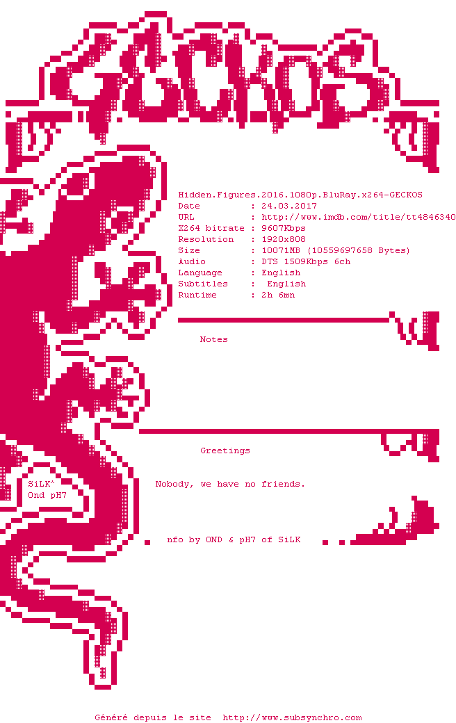 Nfo de la release Hidden.Figures.2016.1080p.BluRay.x264-GECKOS