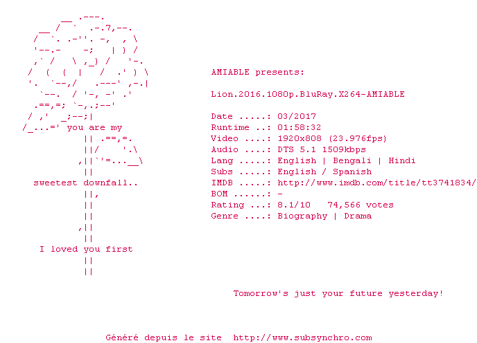 Nfo de la release Lion.2016.1080p.BluRay.x264-AMIABLE