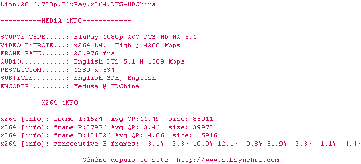 Nfo de la release Lion.2016.720p.BluRay.x264.DTS-HDChina