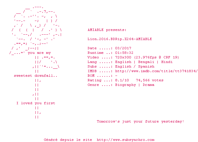 Nfo de la release Lion.2016.BDRip.x264-AMIABLE