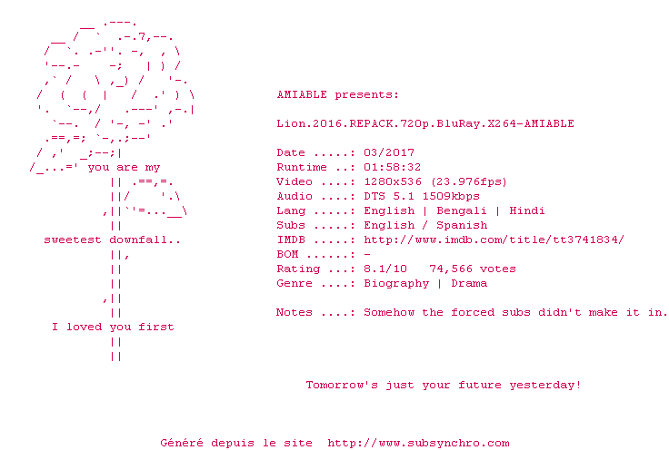 Nfo de la release Lion.2016.REPACK.720p.BluRay.x264-AMIABLE