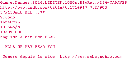 Nfo de la release Gimme.Danger.2016.LIMITED.1080p.BluRay.x264-CADAVER