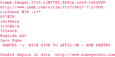 Nfo de la release Gimme.Danger.2016.LIMITED.BDRip.x264-CADAVER