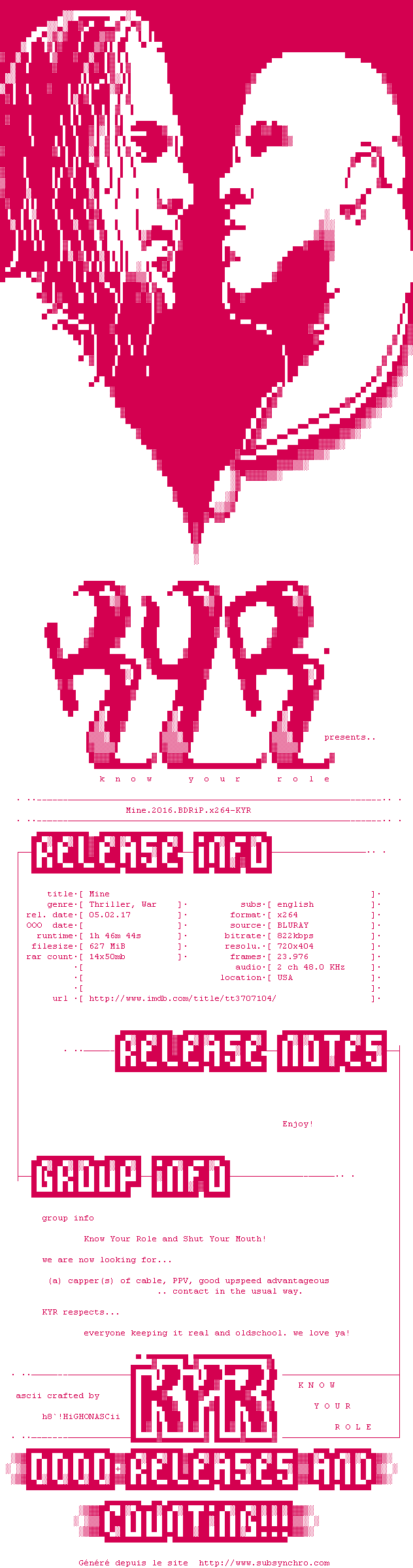 Nfo de la release Mine.2016.BDRiP.x264-KYR