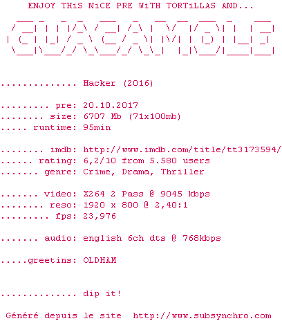 Nfo de la release Hacker.2016.1080p.BluRay.x264-GUACAMOLE