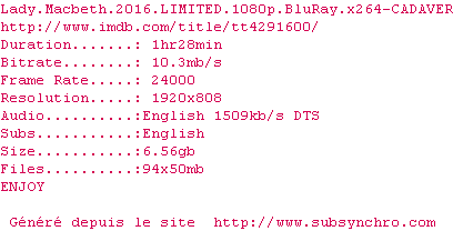 Nfo de la release Lady.Macbeth.2016.LIMITED.1080p.BluRay.x264-CADAVER