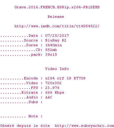 Nfo de la release Grave.2016.FRENCH.BDRip.x264-PRiDEHD