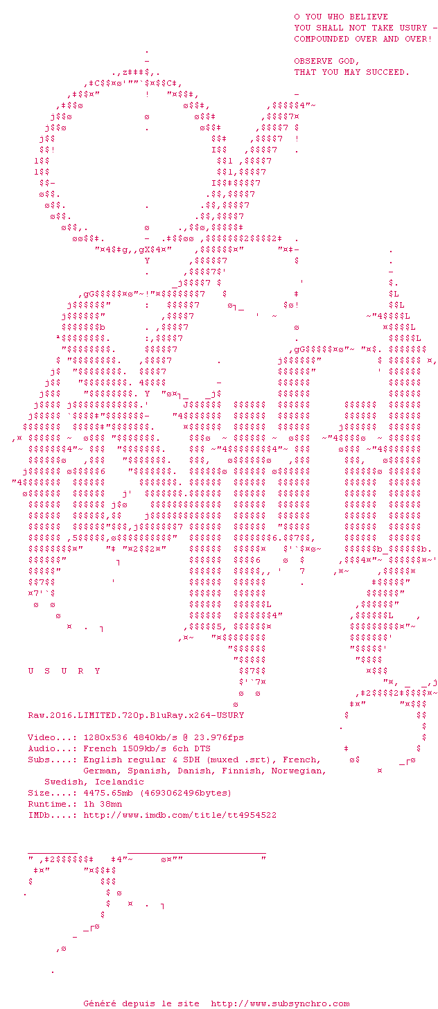 Nfo de la release Raw.2016.LIMITED.720p.BluRay.x264-USURY