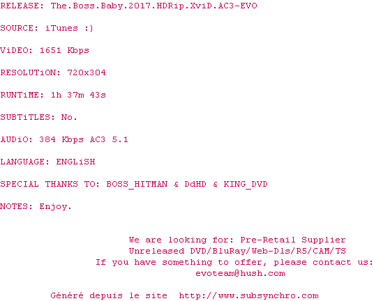 Nfo de la release The.Boss.Baby.2017.HDRip.XviD.AC3-EVO
