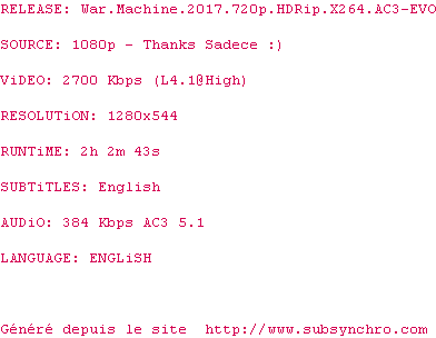 Nfo de la release War.Machine.2017.720p.HDRip.x264.AC3-EVO