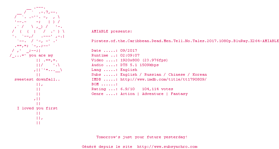 Nfo de la release Pirates.Of.The.Caribbean.Dead.Men.Tell.No.Tales.2017.1080p.BluRay.x264-AMIABLE