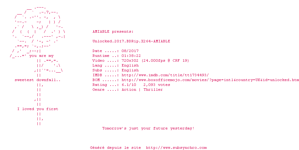 Nfo de la release Unlocked.2017.BDRip.x264-AMIABLE