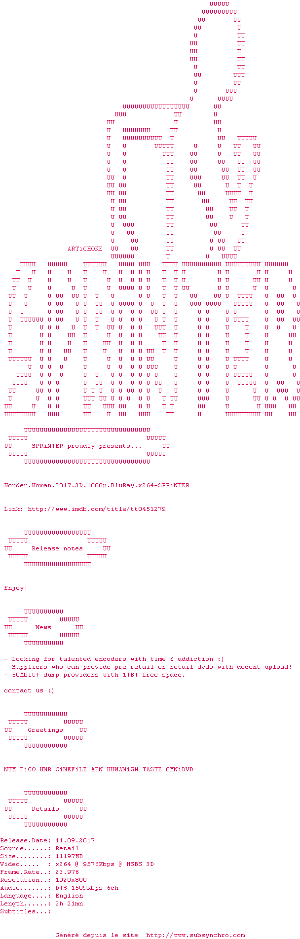Nfo de la release Wonder.Woman.2017.3D.1080p.BluRay.x264-SPRiNTER