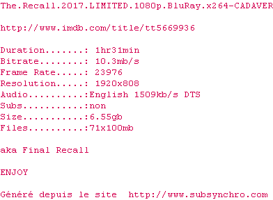 Nfo de la release The.Recall.2017.LIMITED.1080p.BluRay.x264-CADAVER