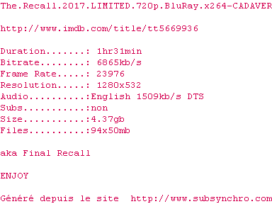 Nfo de la release The.Recall.2017.LIMITED.720p.BluRay.x264-CADAVER