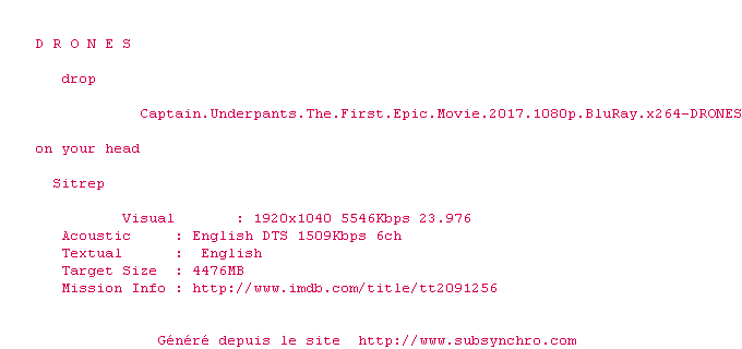 Nfo de la release Captain.Underpants.The.First.Epic.Movie.2017.1080p.BluRay.x264-DRONES