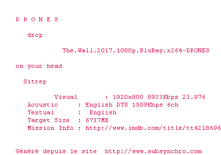 Nfo de la release The.Wall.2017.1080p.BluRay.x264-DRONES