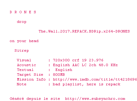Nfo de la release The.Wall.2017.REPACK.BDRip.x264-DRONES