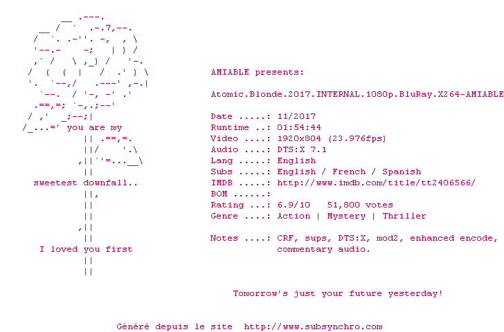 Nfo de la release Atomic.Blonde.2017.iNTERNAL.1080p.BluRay.x264-AMIABLE
