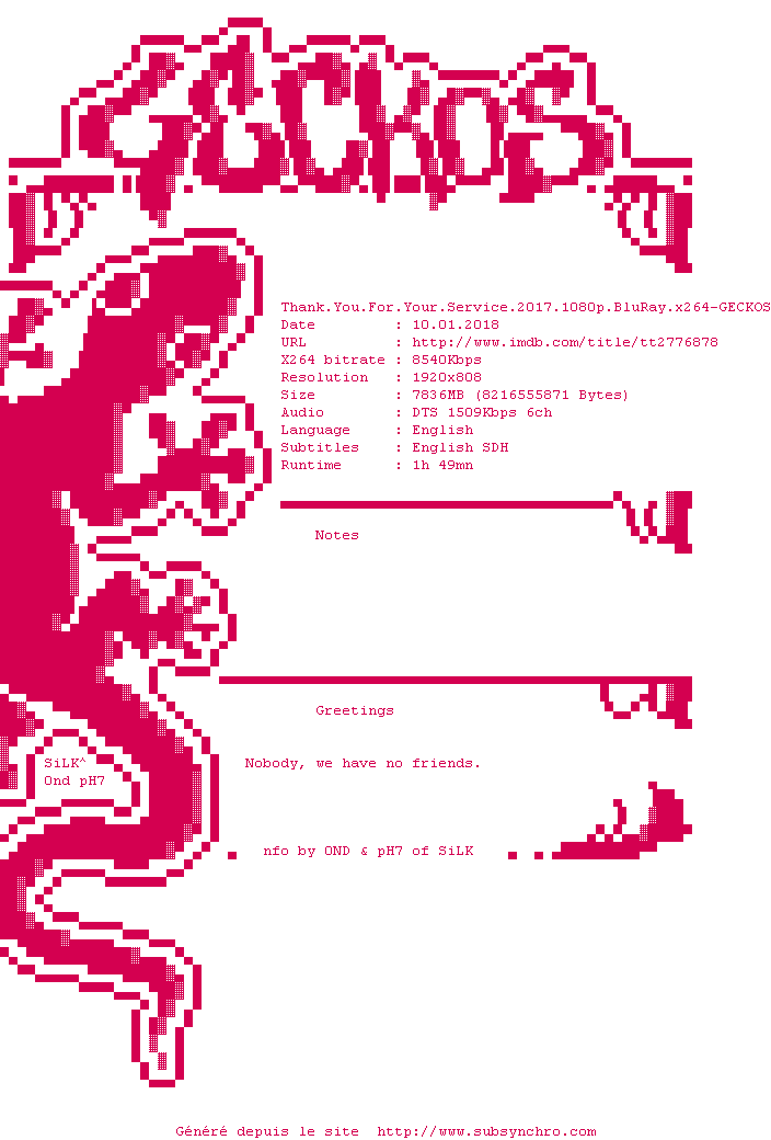 Nfo de la release Thank.You.For.Your.Service.2017.1080p.BluRay.x264-GECKOS