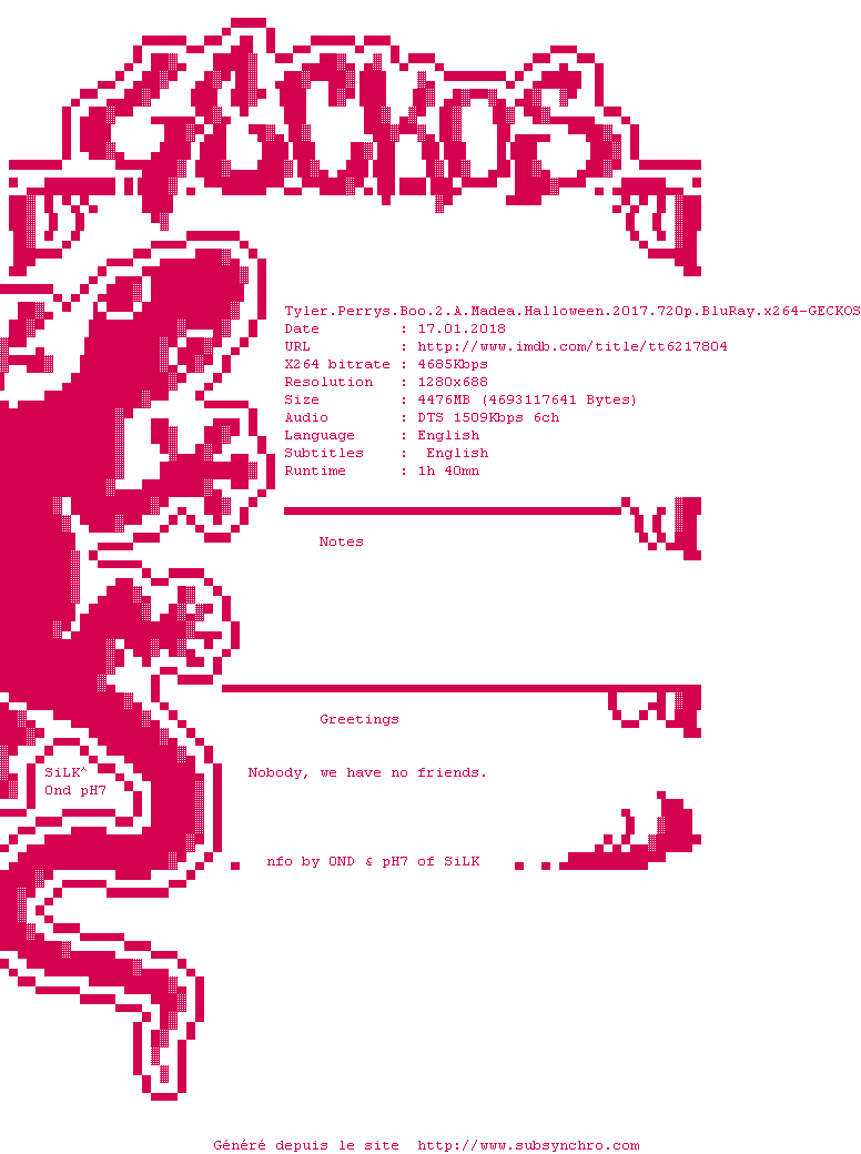 Nfo de la release Tyler.Perrys.Boo.2.A.Madea.Halloween.2017.720p.BluRay.x264-GECKOS