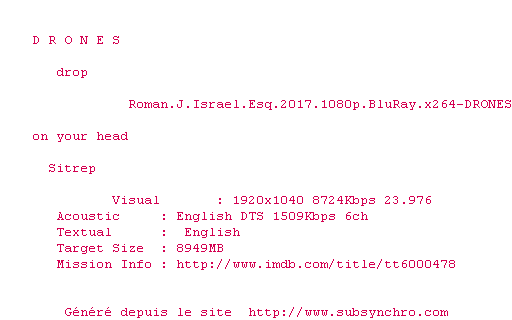 Nfo de la release Roman.J.Israel.Esq.2017.1080p.BluRay.x264-DRONES