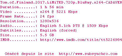 Nfo de la release Tom.Of.Finland.2017.LiMiTED.720p.BluRay.x264-CADAVER