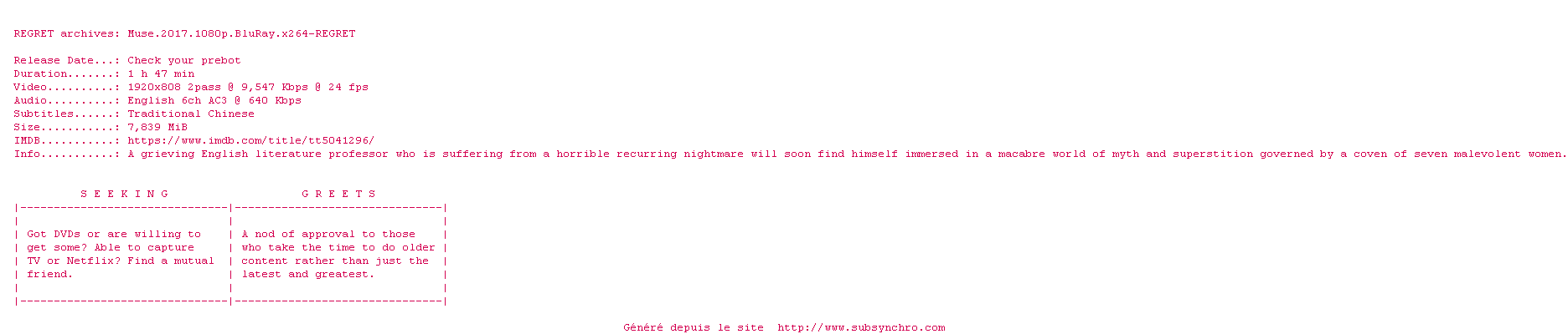 Nfo de la release Muse.2017.1080p.BluRay.x264-REGRET